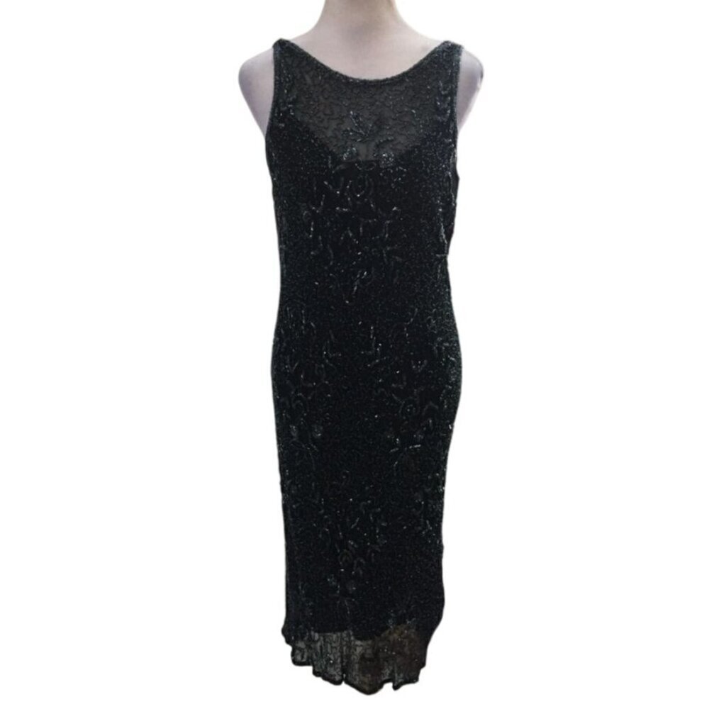 Scala Black Silk Beaded Dress Low Back Formal Evening Gown Size L
